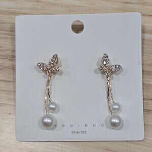 Clear Rhinestone Butterfly Gold Wire Pearl Drop Jacket Earrings Soft Girl Vibe